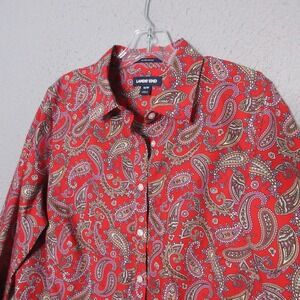 Lands Ends Top Women Plus 16W Red Paisley Button Up No Iron Supima Cotton Career